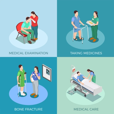 Doctor and patient isometric design concept with examination, taking medicines, bone fracture, medical care isolated vector illustration