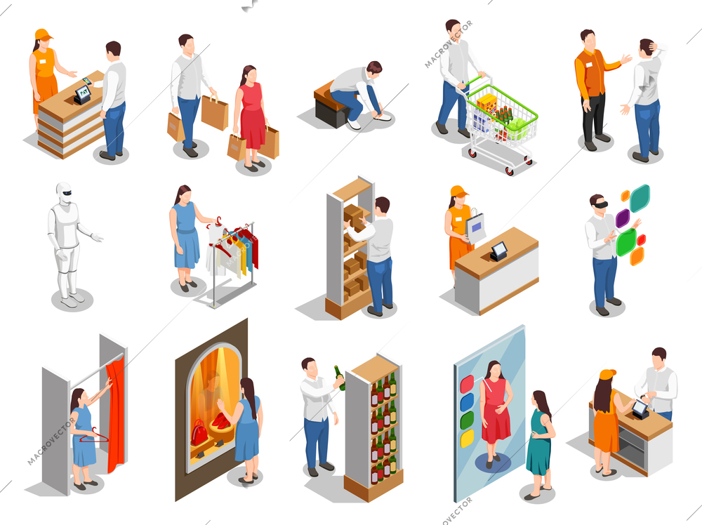 Commercial consumers during fitting of clothing, choice of products, payment on cashier isometric people isolated vector illustration