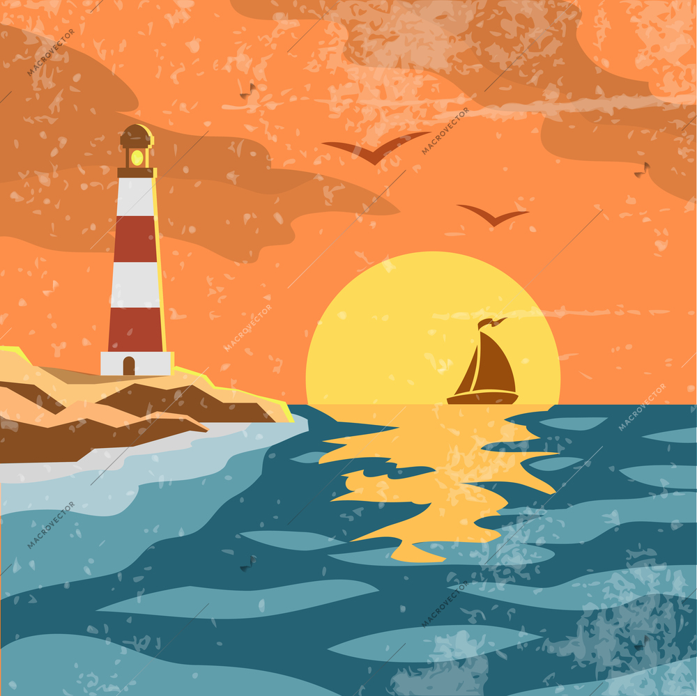 Sea retro poster with sailing ship rising  sun and lighthouse vector illustration