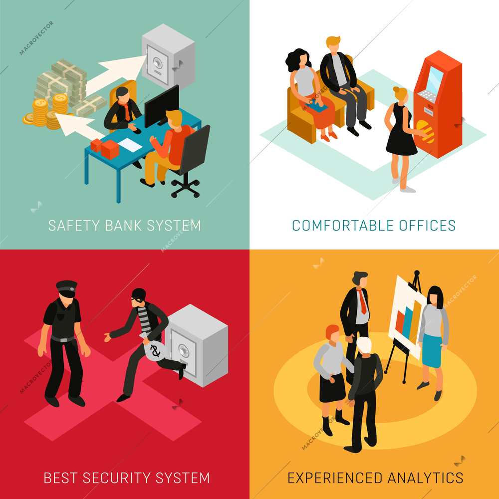 Bank people staff customers 4 isometric icons concept with analytics advisers and security system isolated vector illustration