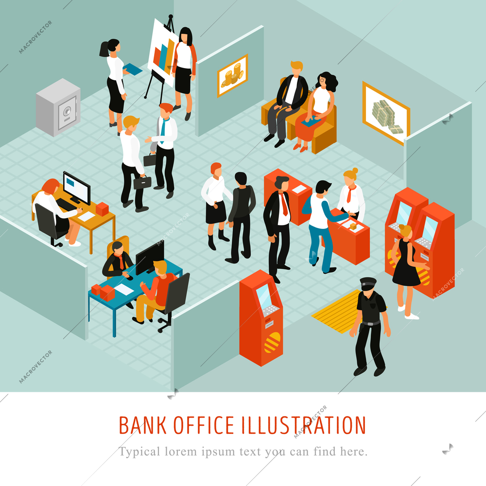 Bank office interior isomeric composition with atm machines financial analytics  customer advisers clients police officer vector illustration