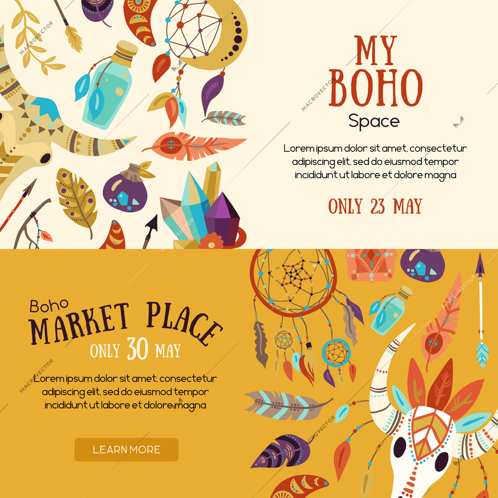 Boho souvenirs symbols attributes  decorative elements market place sale announcement 2 horizontal website banners isolated vector illustration