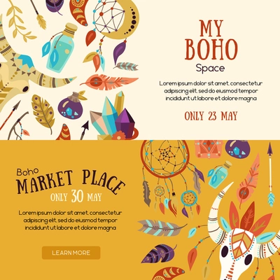 Boho souvenirs symbols attributes  decorative elements market place sale announcement 2 horizontal website banners isolated vector illustration