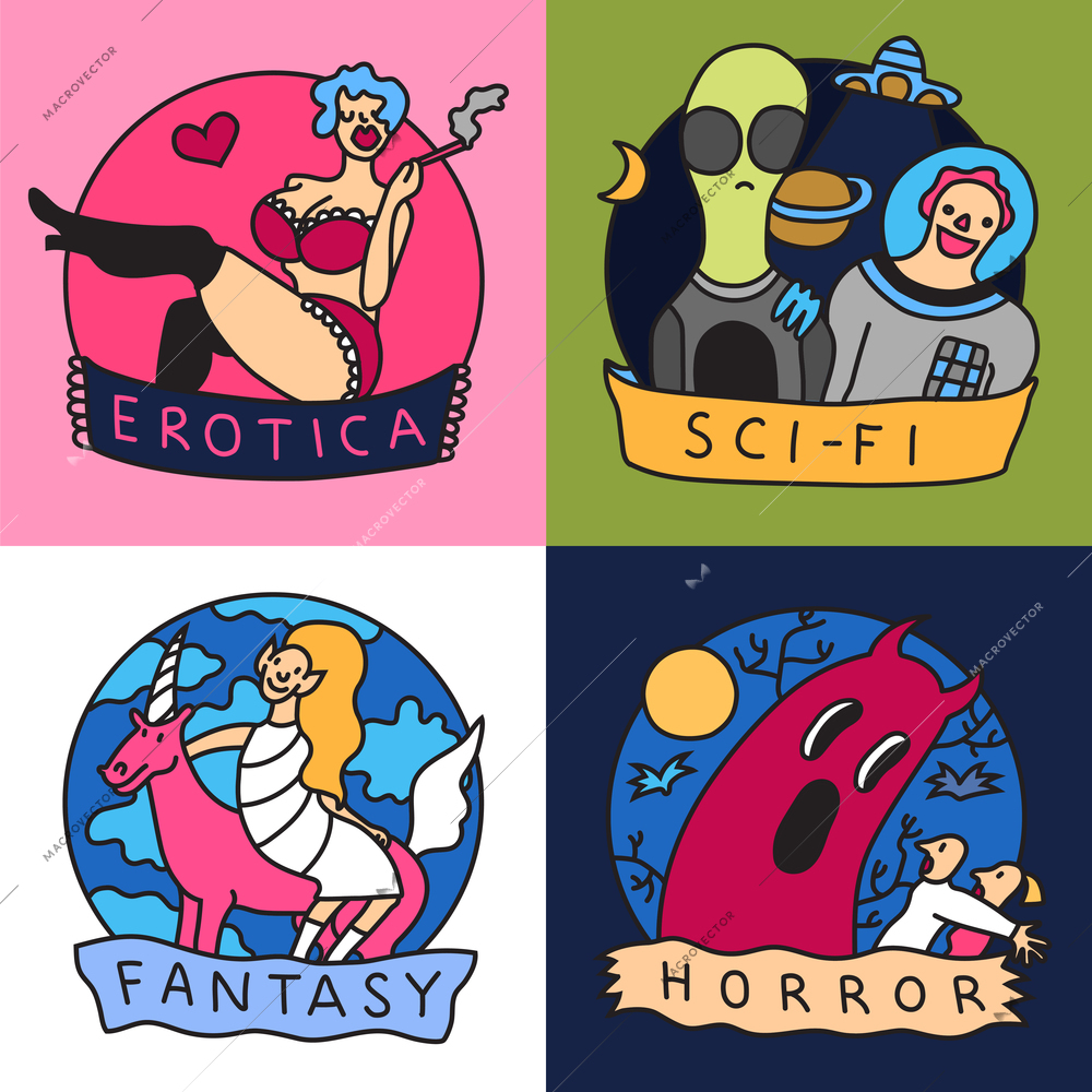 Cinema genres concept  4 colorful icons with science fiction horror fantasy and erotic movies isolated vector illustration