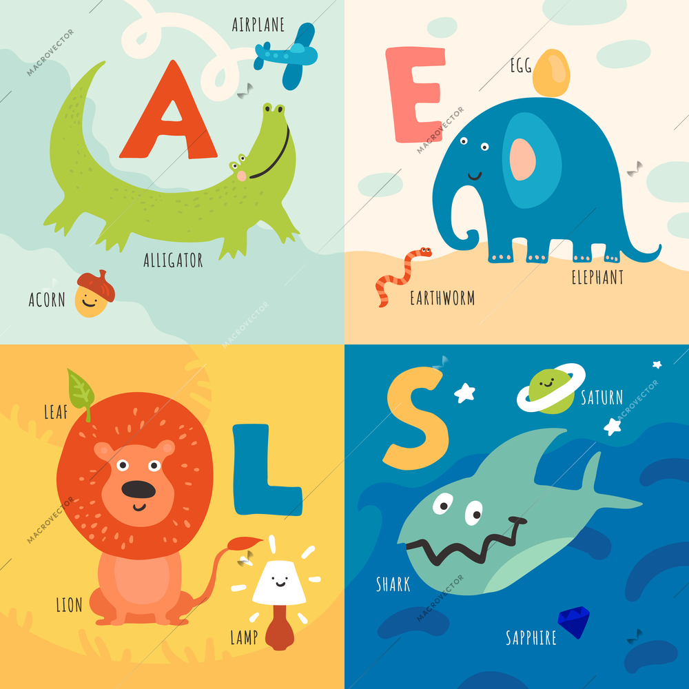 Children learning alphabet 4 icons concept with alligator elephant lion sharks first letter pictures isolated vector illustration