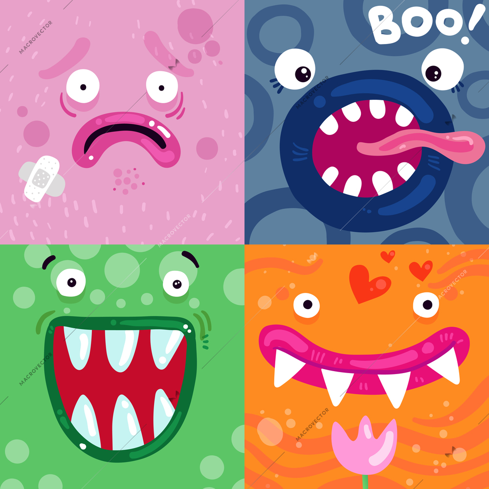 Funny monsters facial expressions concept 4 colorful icons pink green blue orange square poster isolated vector illustration
