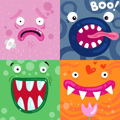 Funny monsters facial expressions concept 4 colorful icons pink green blue orange square poster isolated vector illustration