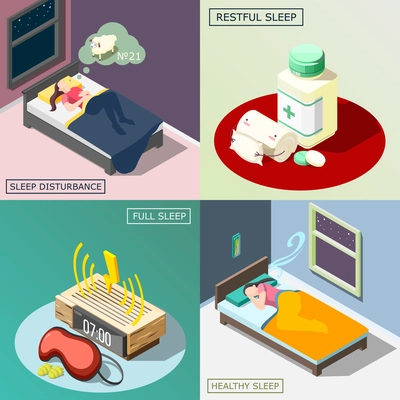 Sleep disturbance, medical remedy, objects for good night rest, healthy dream isometric design concept isolated vector illustration