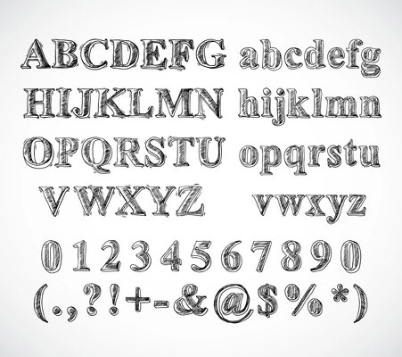 Sketch hand drawn alphabet black and white font letters numbers and symbols isolated vector illustration