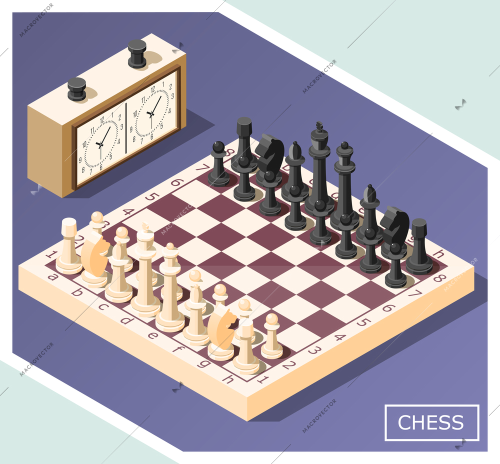 Chess isometric background with white and black figures on game board, control clock, vector illustration