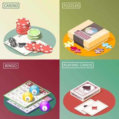 Board games isometric design concept with casino, puzzles, bingo and playing cards isolated vector illustration