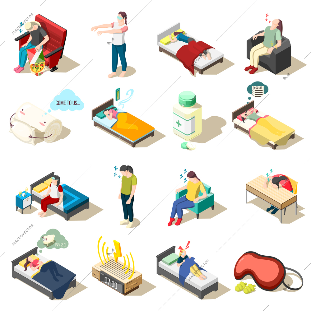 Set of isometric icons healthy night rest and sleep disorder, objects for good dream, isolated vector illustration