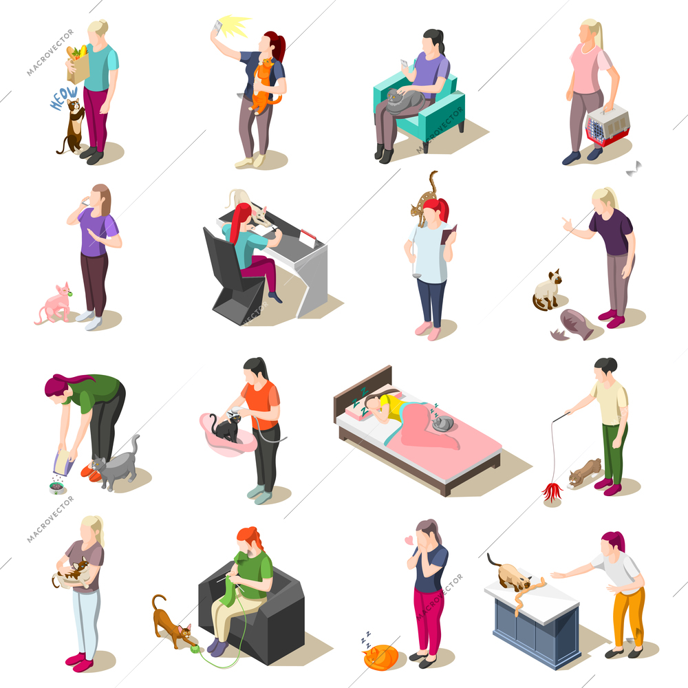 Ordinary life of man and his cat set of isometric icons isolated vector illustration