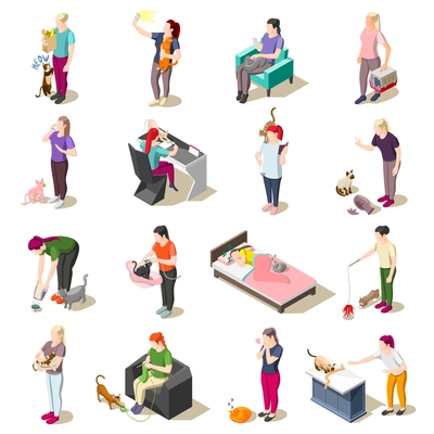 Ordinary life of man and his cat set of isometric icons isolated vector illustration