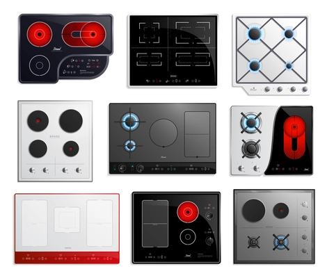 Colored and realistic hob surfaces icon set with different types of hob sizes and power vector illustration