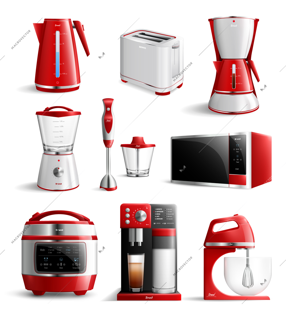 Colored realistic household kitchen appliances icon set with red elements and stylish type vector illustration