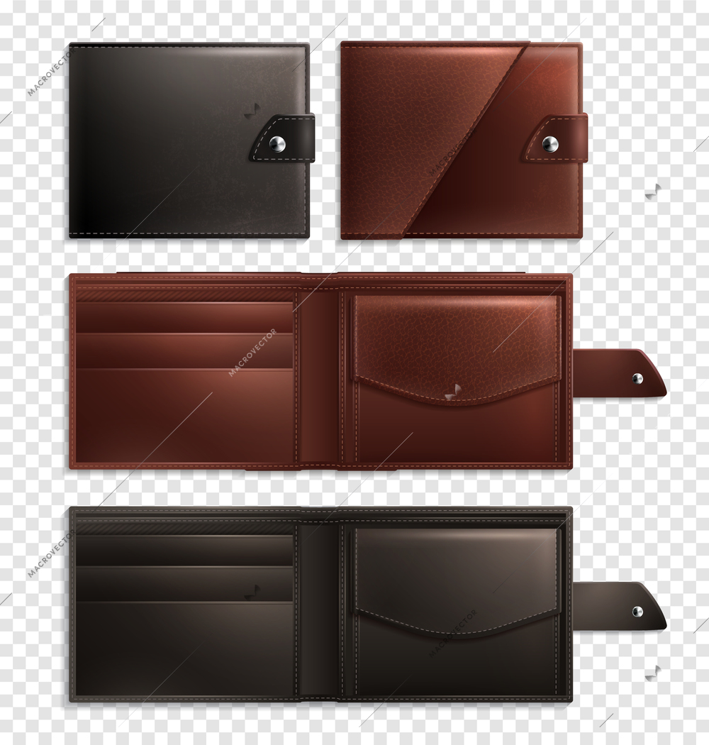 Three stylish realistic wallet transparent icon set opened and closed empty and brown vector illustration