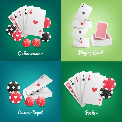 Casino online 4 realistic green background icons with deck playing cards poker chips dice isolated vector illustration