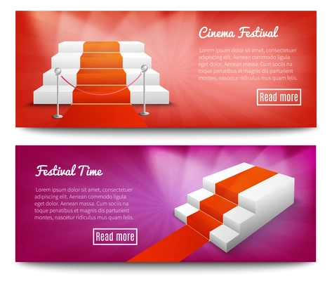 Red carpet cinema festival 2 realistic bright background horizontal banners set web page design  isolated vector illustration