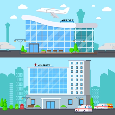 Municipal buildings set of two flat compositions with modern airport terminal and hospital urban landmarks vector illustration