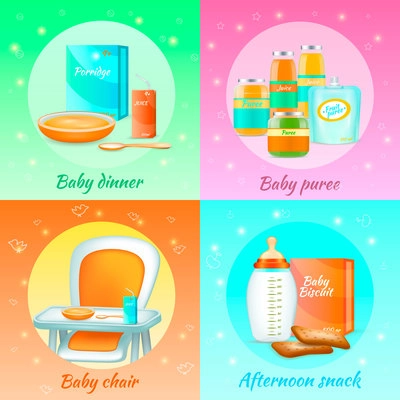 Baby food 2x2 realistic 3d set of colourful compositions with baby puree and afternoon snack packs vector illustration