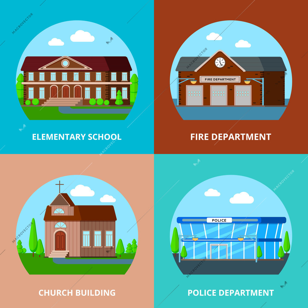 Municipal buildings flat 2x2 design concept with round compositions of common use special service urban buildings vector illustration