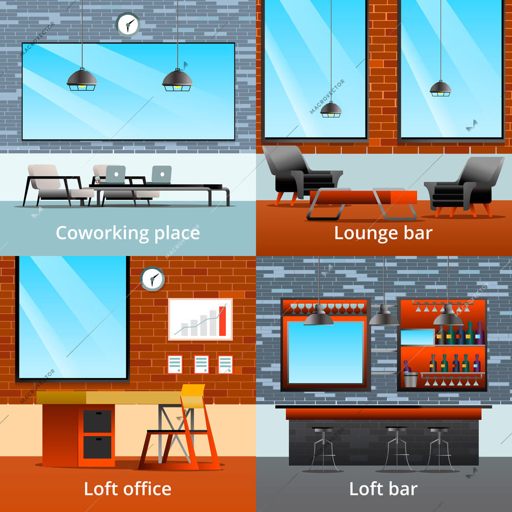 Loft interior elements gradient flat 2x2 design concept with four compositions of coworking office rooms and bars vector illustration