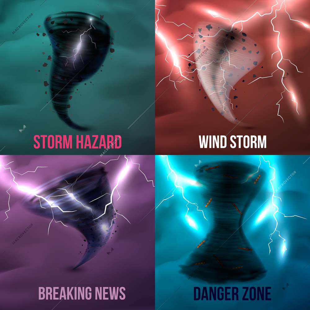 Storm hurricane tornado cyclone realistic 2x2 design concept with colourful pictures of various environmental incidents vector illustration