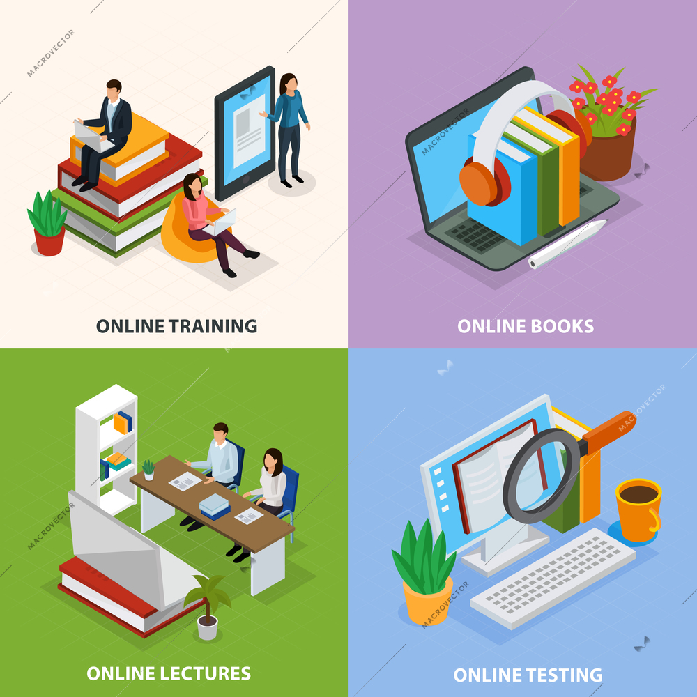 Online education isometric design concept, web training, electronic books, internet lectures, knowledge test isolated vector illustration