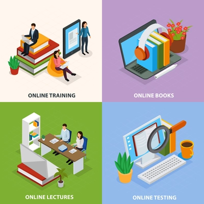 Online education isometric design concept, web training, electronic books, internet lectures, knowledge test isolated vector illustration