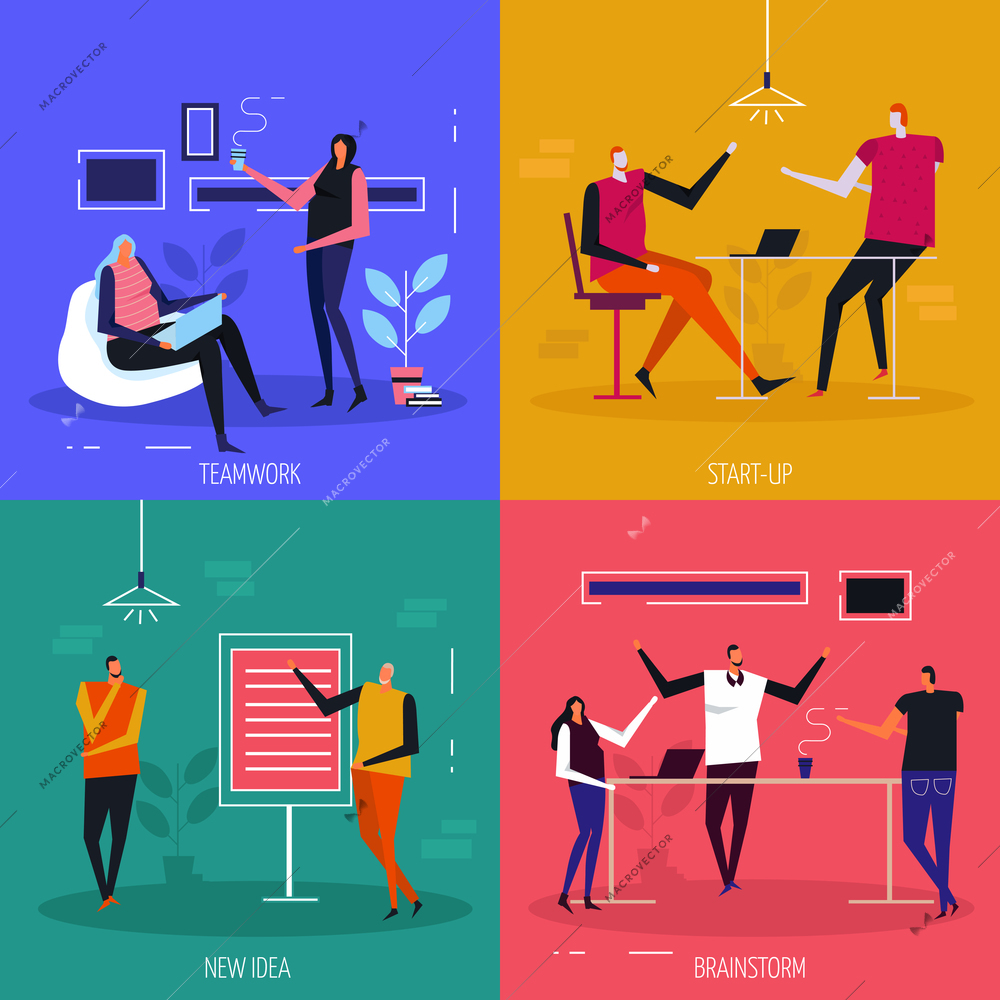 Coworking flat design concept, team work, start up projects, creative idea, brain storm, isolated vector illustration