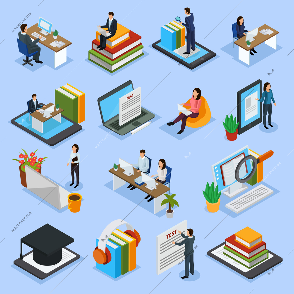 Online education isometric icons with distance lecture, audio books, computer test, electronic library, isolated vector illustration