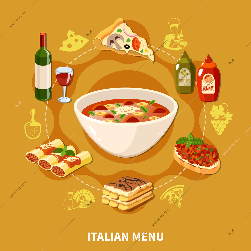 Italian cuisine round set of popular dishes with stuffed cannelloni minestrone soup pasta with mussel pizza ravioli tiramisu flat icons vector illustration