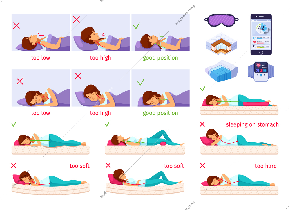 Correct sleeping cartoon set of flat isolated images with female human characters and isometric orthopedic inserts vector illustration