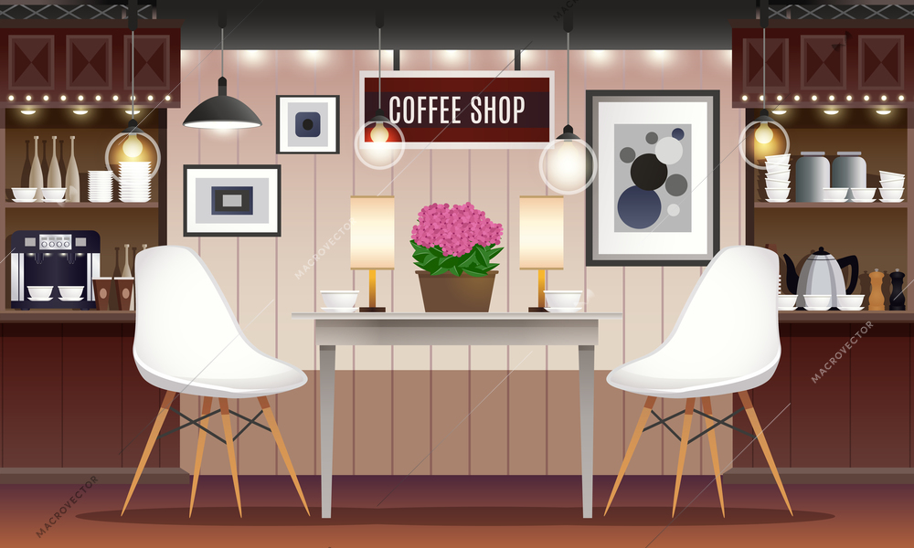 Coffee shop restaurant cafe bar interior with lighting wine shelves furniture isolated vector illustration