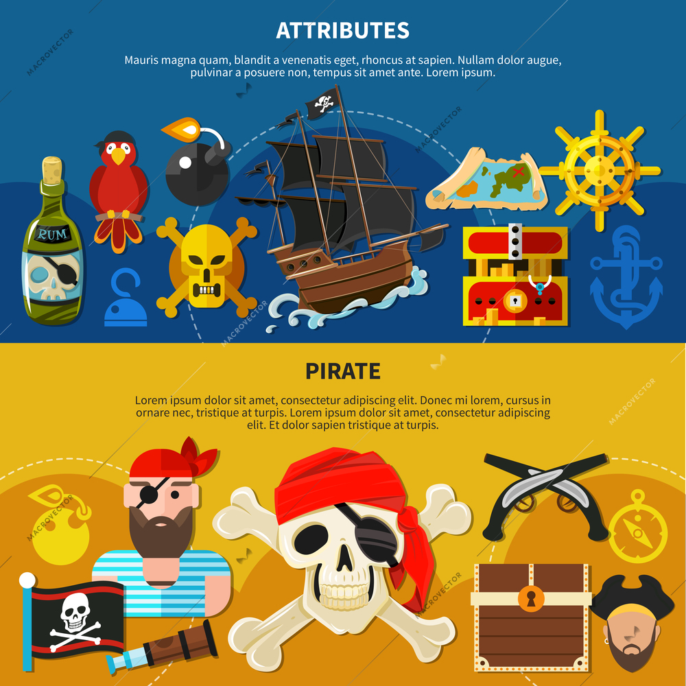 Pirate cartoon banner set with bearded sailor in bandana with eye patch vector illustration