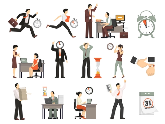 Deadline time limit set with isolated office icons and human characters of office workers in rush vector illustration