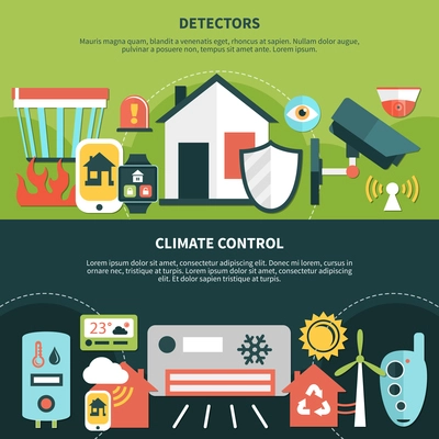 Home security banners with detectors, equipment for climate control on green and black background isolated vector illustration