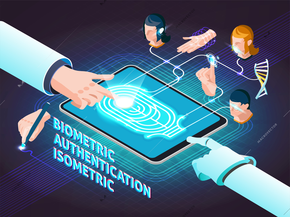 Biometric authentication methods isometric composition poster with fingerprint scanning signature hand geometry and facial identification vector illustration