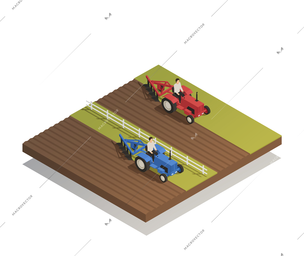 Spring fieldwork plowing and sowing agricultural farm  machinery equipment in work isometric composition vector illustration