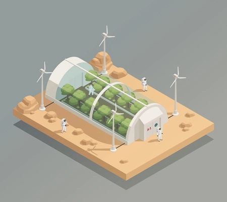 Space research experimental tunnel greenery facility for plant and trees cultivation isometric composition with astronauts vector illustration