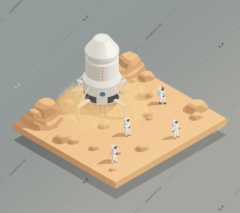 Space exploration mission isometric composition with spacecraft crew astronauts in spacesuits on other planet surface vector illustration