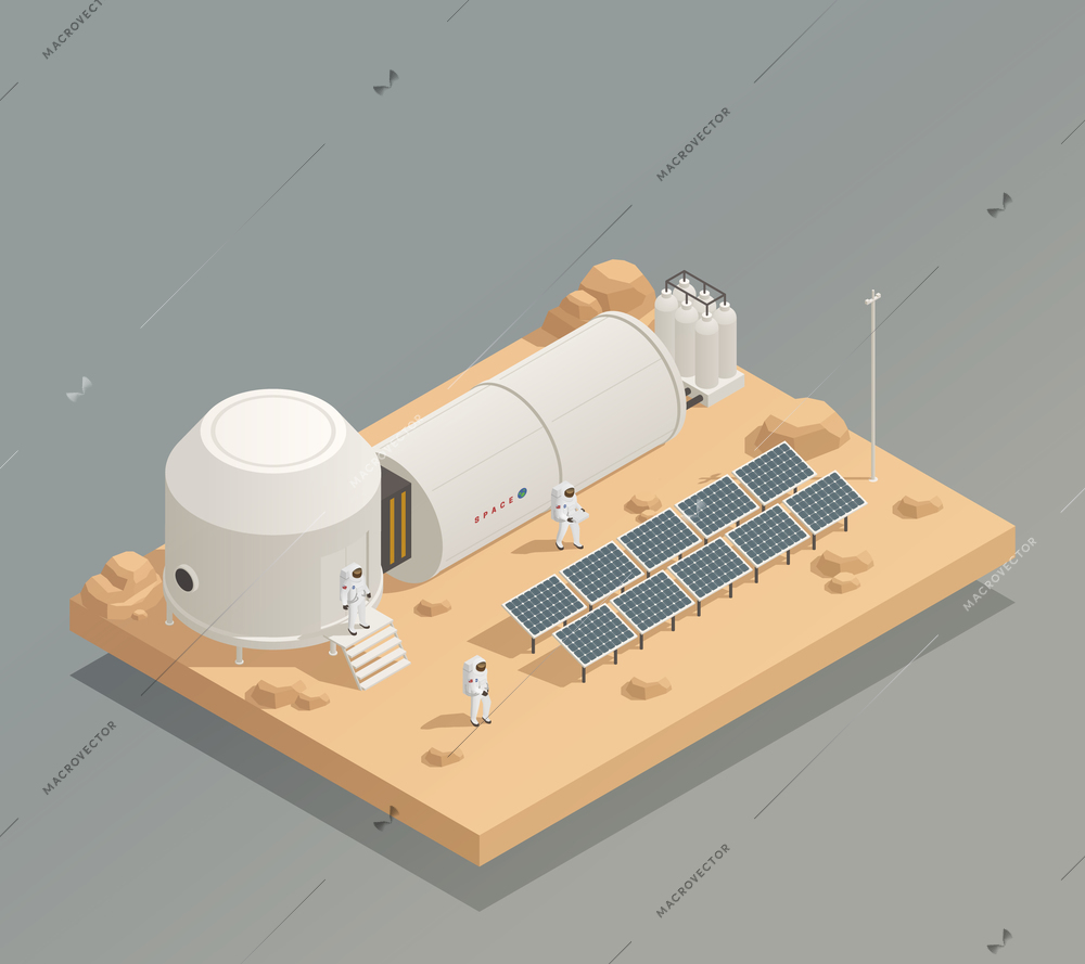 Sun panels energy generator facility on another planet surface and astronauts in spacesuits isometric composition vector illustration