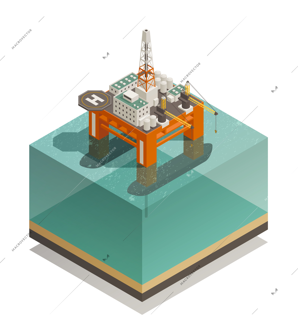 Oil production industry isometric composition with offshore platform facilities for well drilling extraction and processing vector illustration