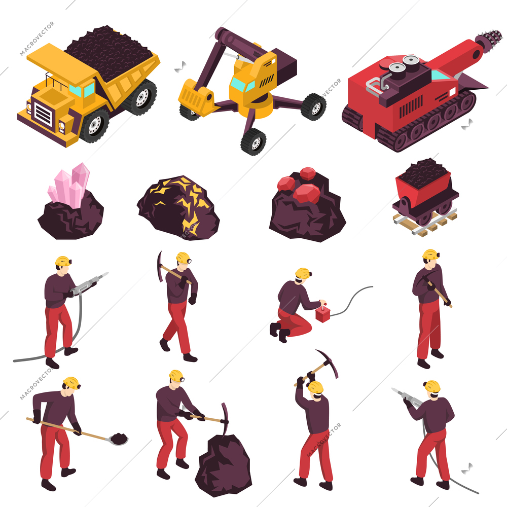 Mining workers products and equipment isometric icons collection with excavator boring and transportation machinery isolated vector illustration