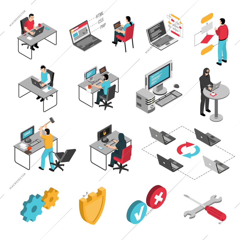 Programmers software developers isometric icons collection with block diagram code samples and protection from hackers vector illustration