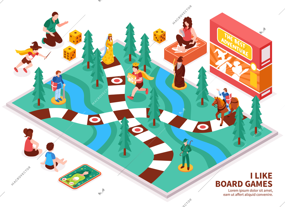 Board game isometric composition with people including kids and adults, desktop field, figures, cards, dice vector illustration