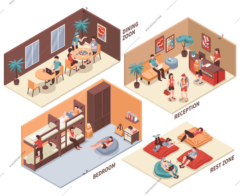 Hostel rooms with guests isometric set with dining hall, reception, bedroom, rest zone isolated vector illustration