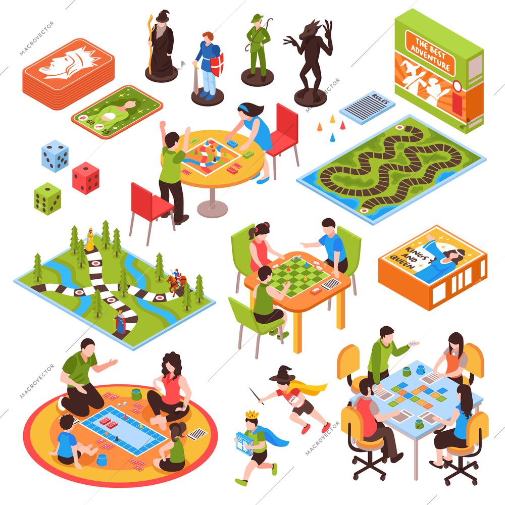 Set of isometric icons with people including adults and kids playing board games isolated vector illustration