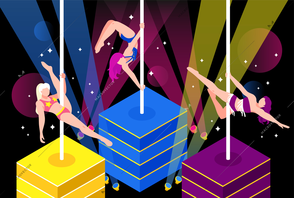 Pole dance performance of girls in bikini in light rays on dark sparking background vector illustration